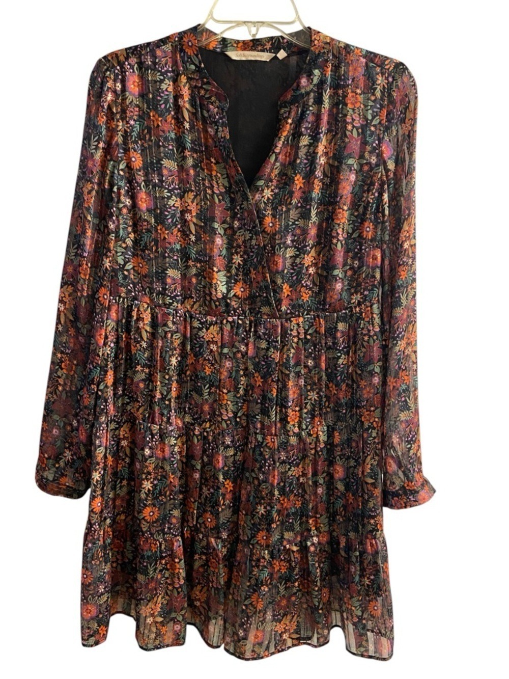 Soft Surroundings Black Floral Long-Sleeve Tiered Mini Dress Small